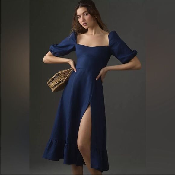 NEW Reformation Belgium linen midi dress blue puff sleeve